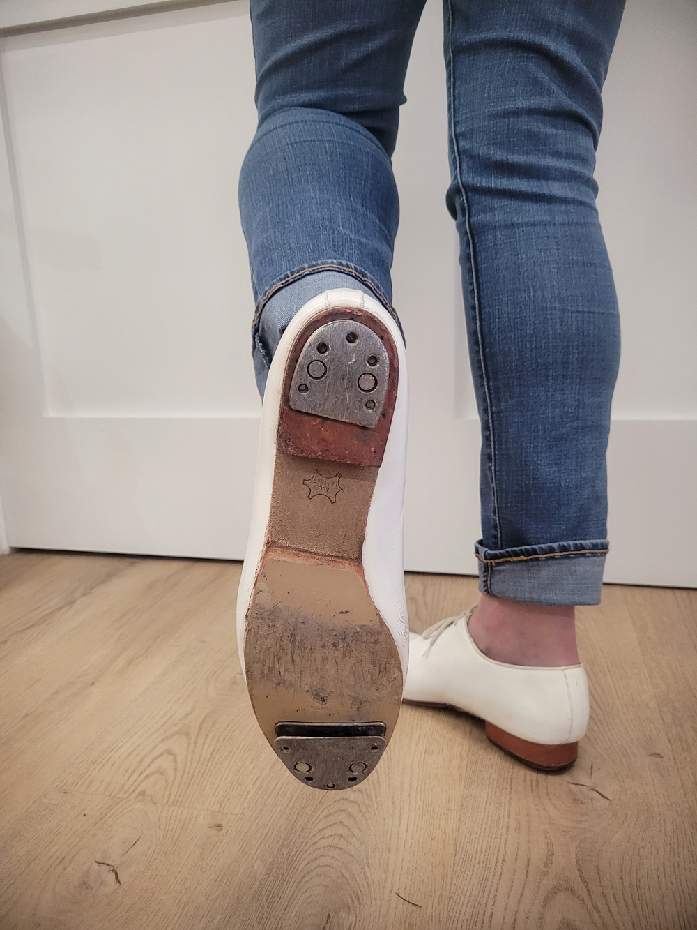 White Leather Clogging Shoes with Steven's Stomper Double-Taps